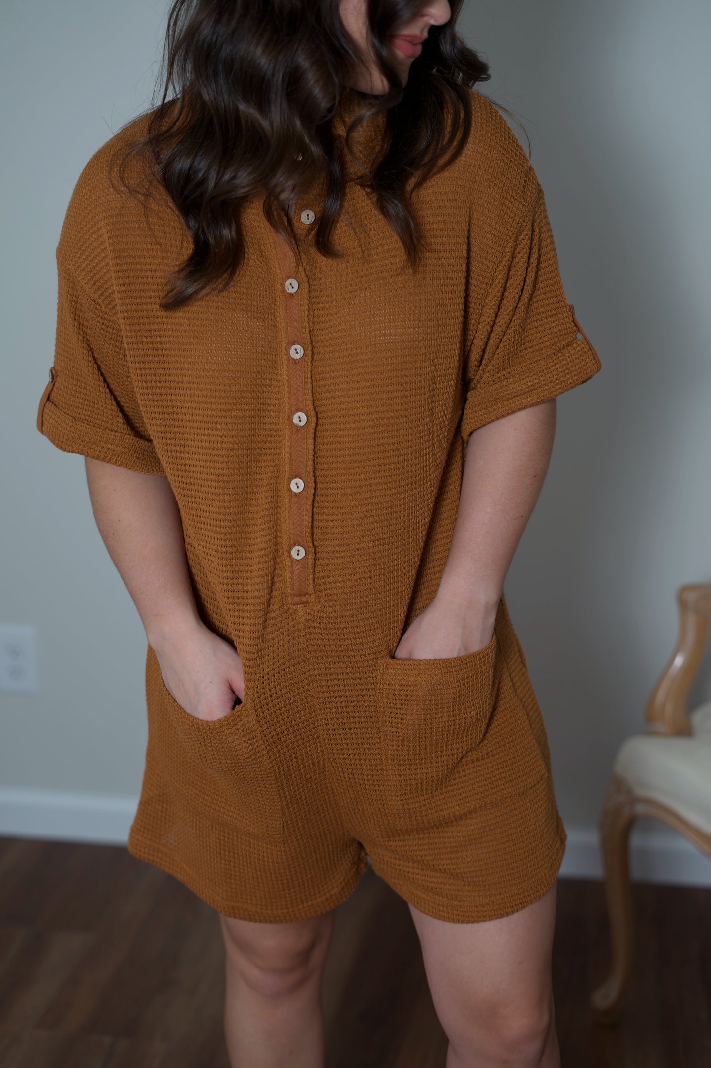 Amber Waffle Knit Button Down Romper - Tabacco