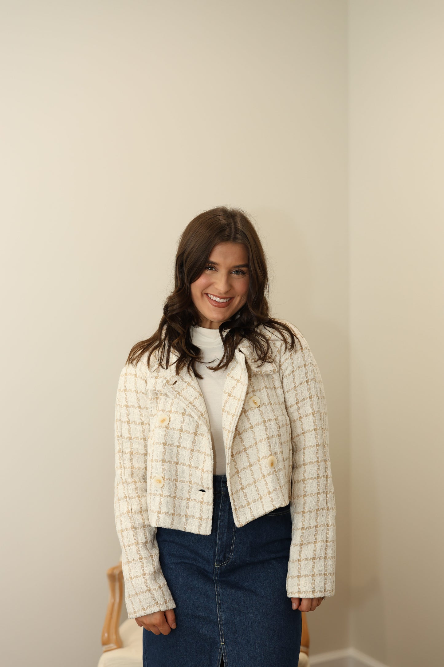 Lauren Plaid Cropped Tweed Jacket - Cream