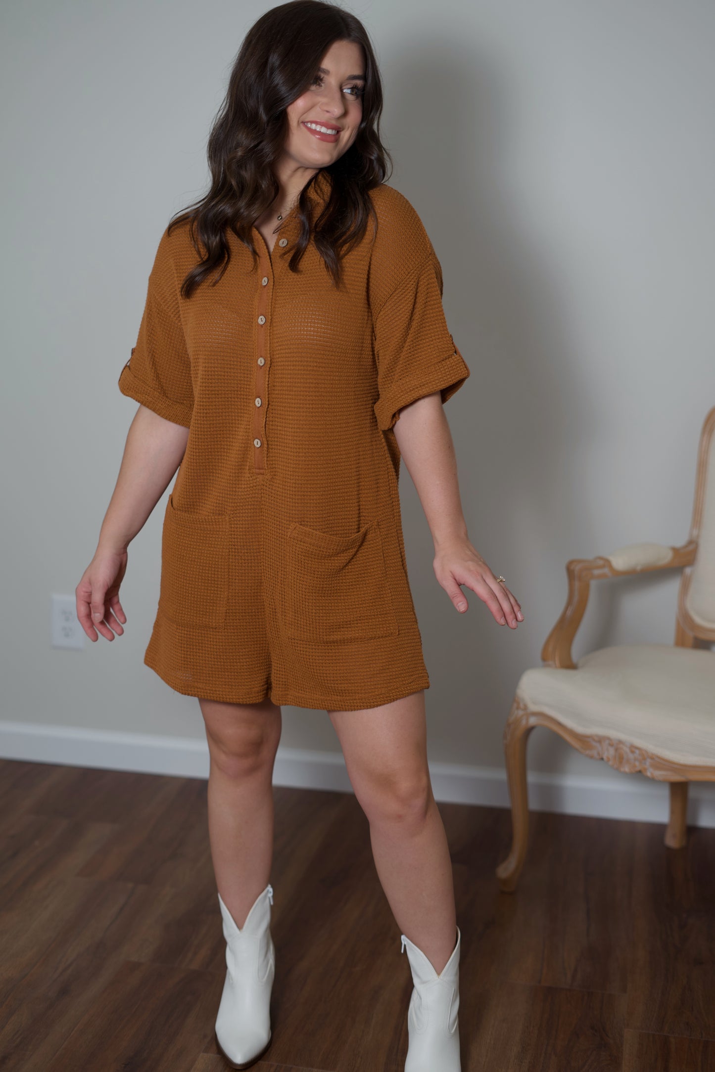 Amber Waffle Knit Button Down Romper - Tabacco