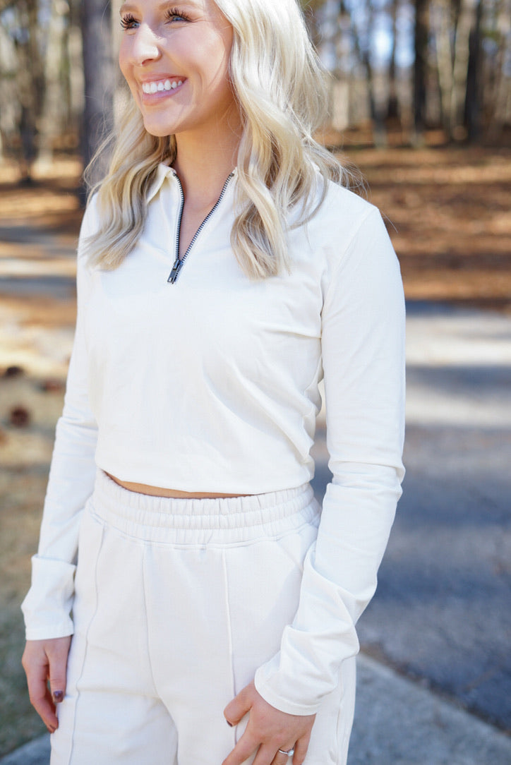 Walk It Out Half Zip Collared Top - Ivory