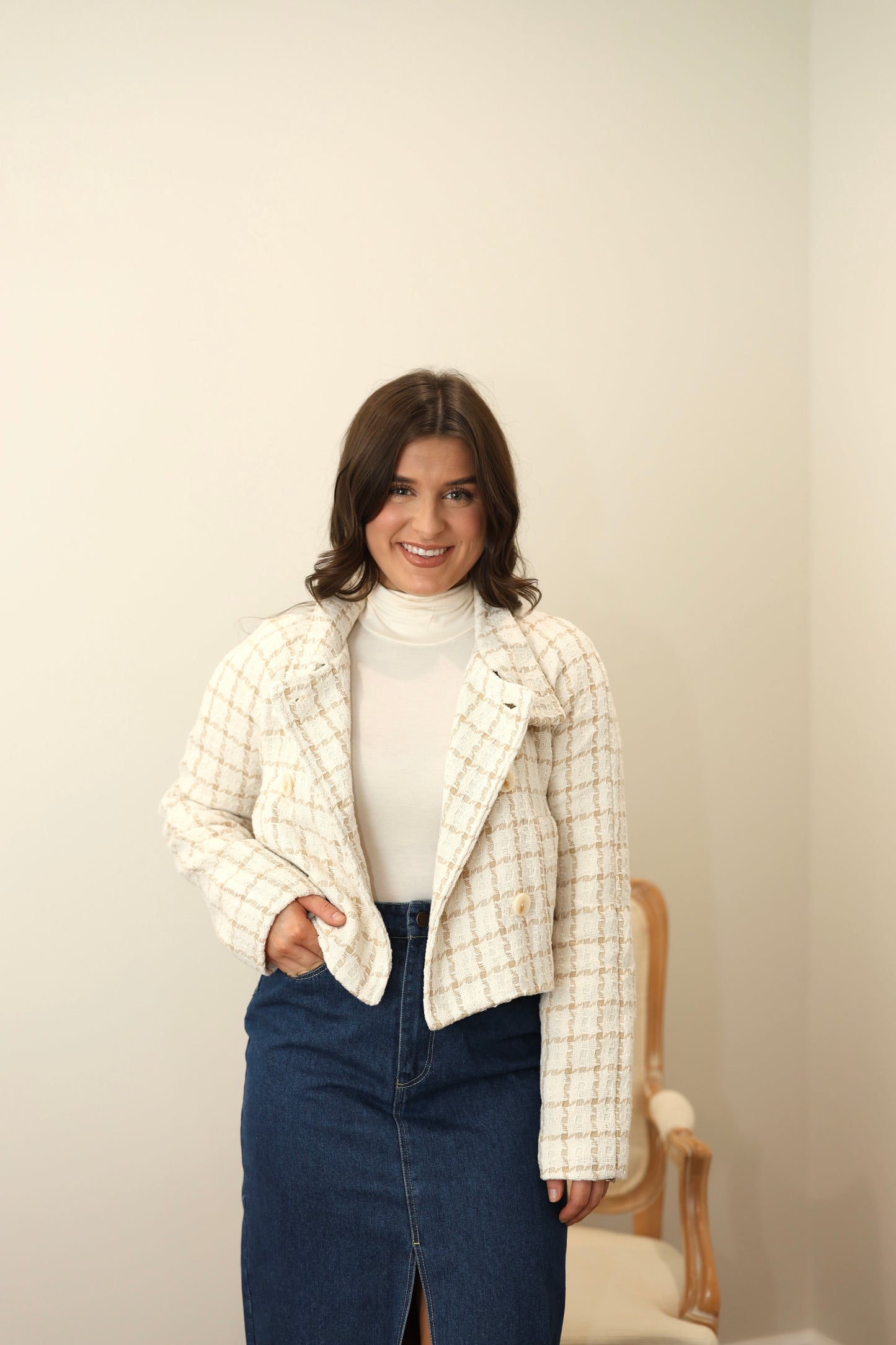 Lauren Plaid Cropped Tweed Jacket - Cream