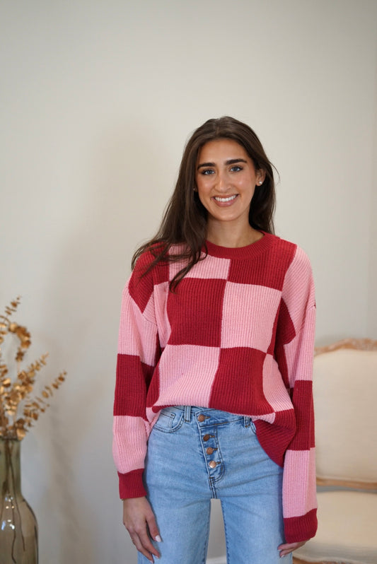 Matilda Crew Neck Checker Sweater - Pink and Red