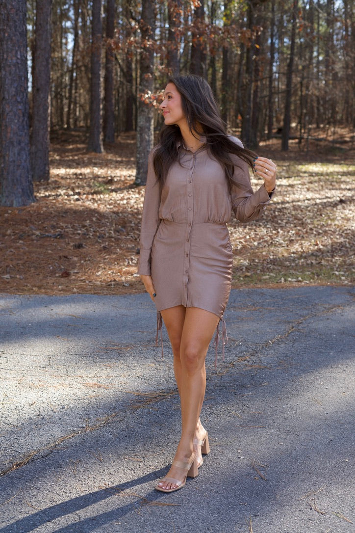 Ivy Ruched Button Shirt Dress - Brown