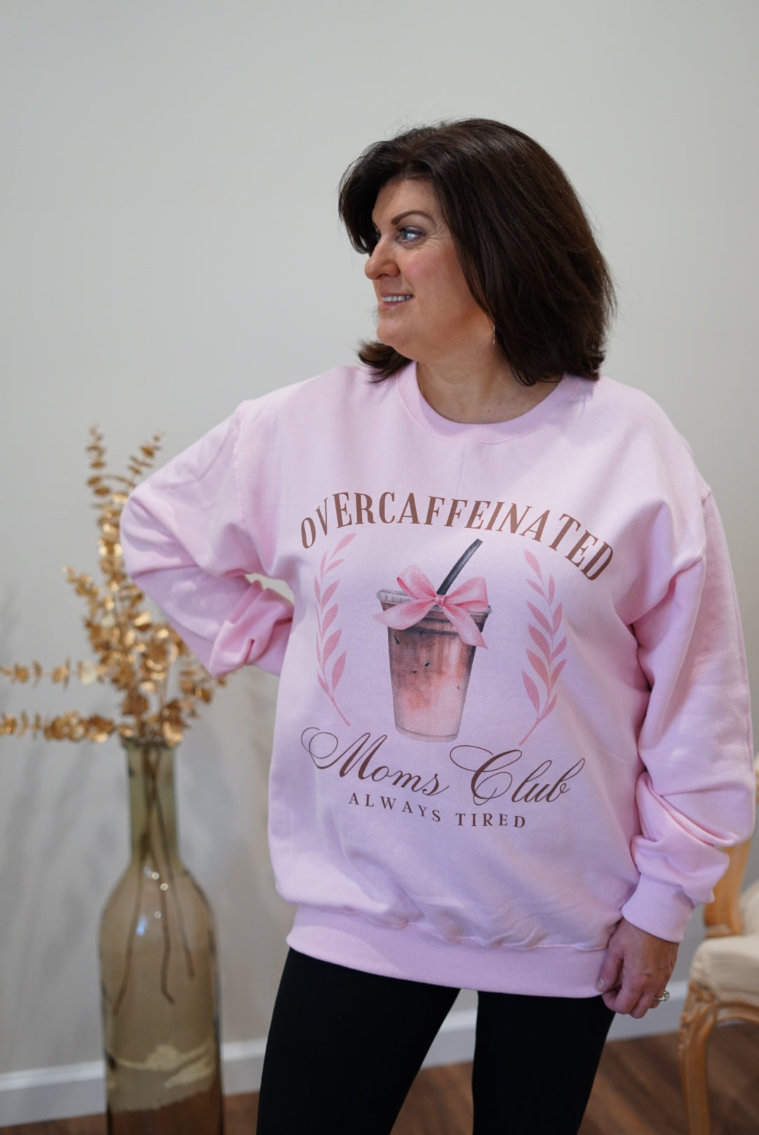 Over Caffeinated Moms Club Graphic Sweatshirt - Pink