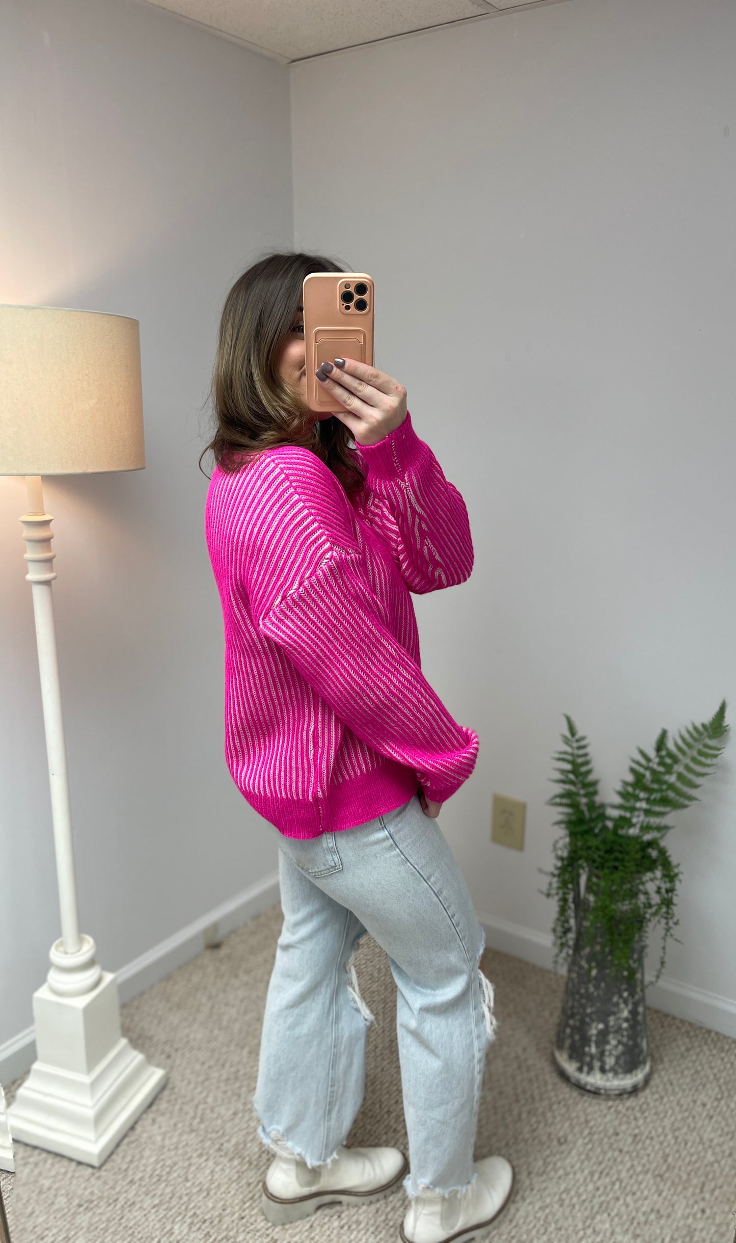 Jazzy Verticle Stripe Sweater - Bright Pink