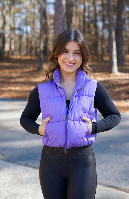 Cropped Zip Up Puffer Vest - Purple