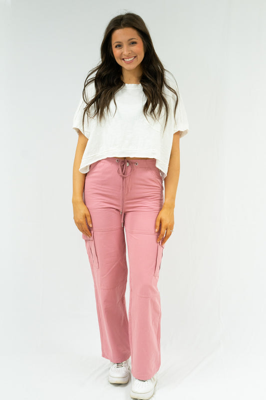 Amber Drawstring Cargo Pants - Pink