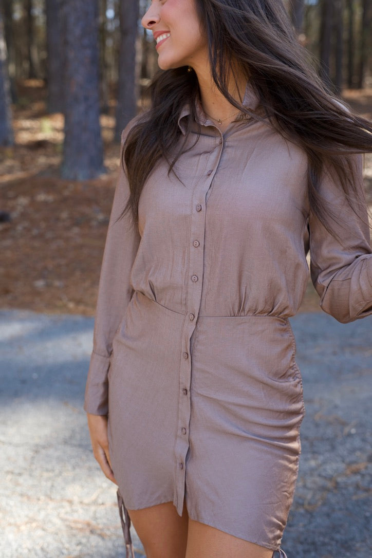 Ivy Ruched Button Shirt Dress - Brown