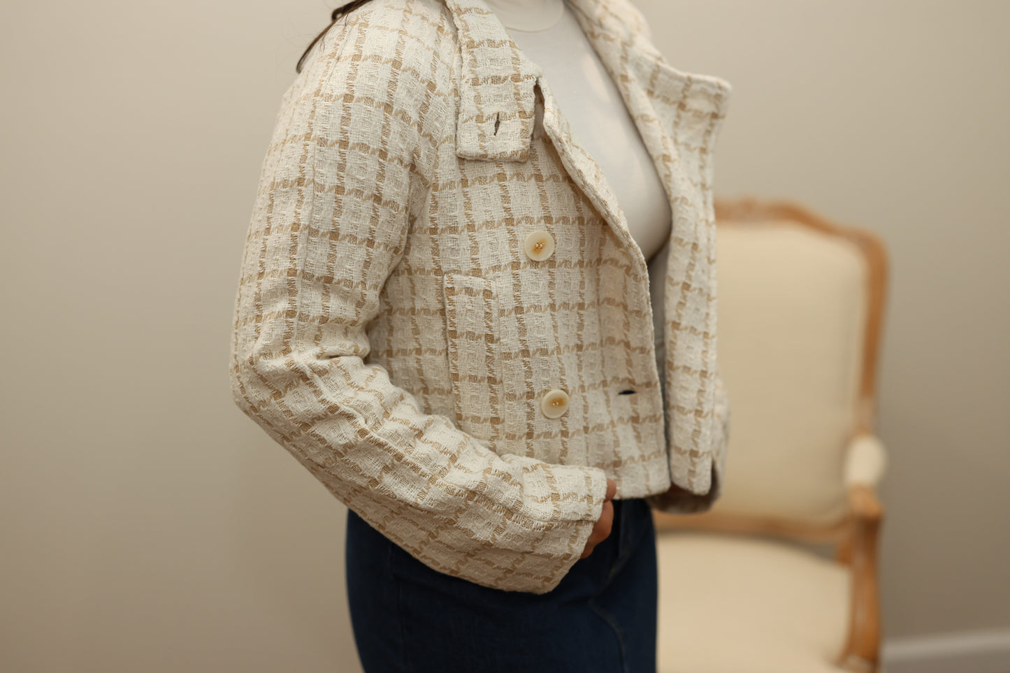 Lauren Plaid Cropped Tweed Jacket - Cream