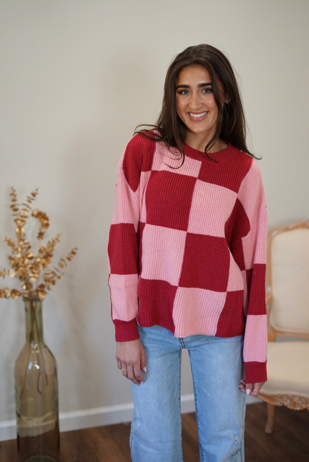 Matilda Crew Neck Checker Sweater - Pink and Red