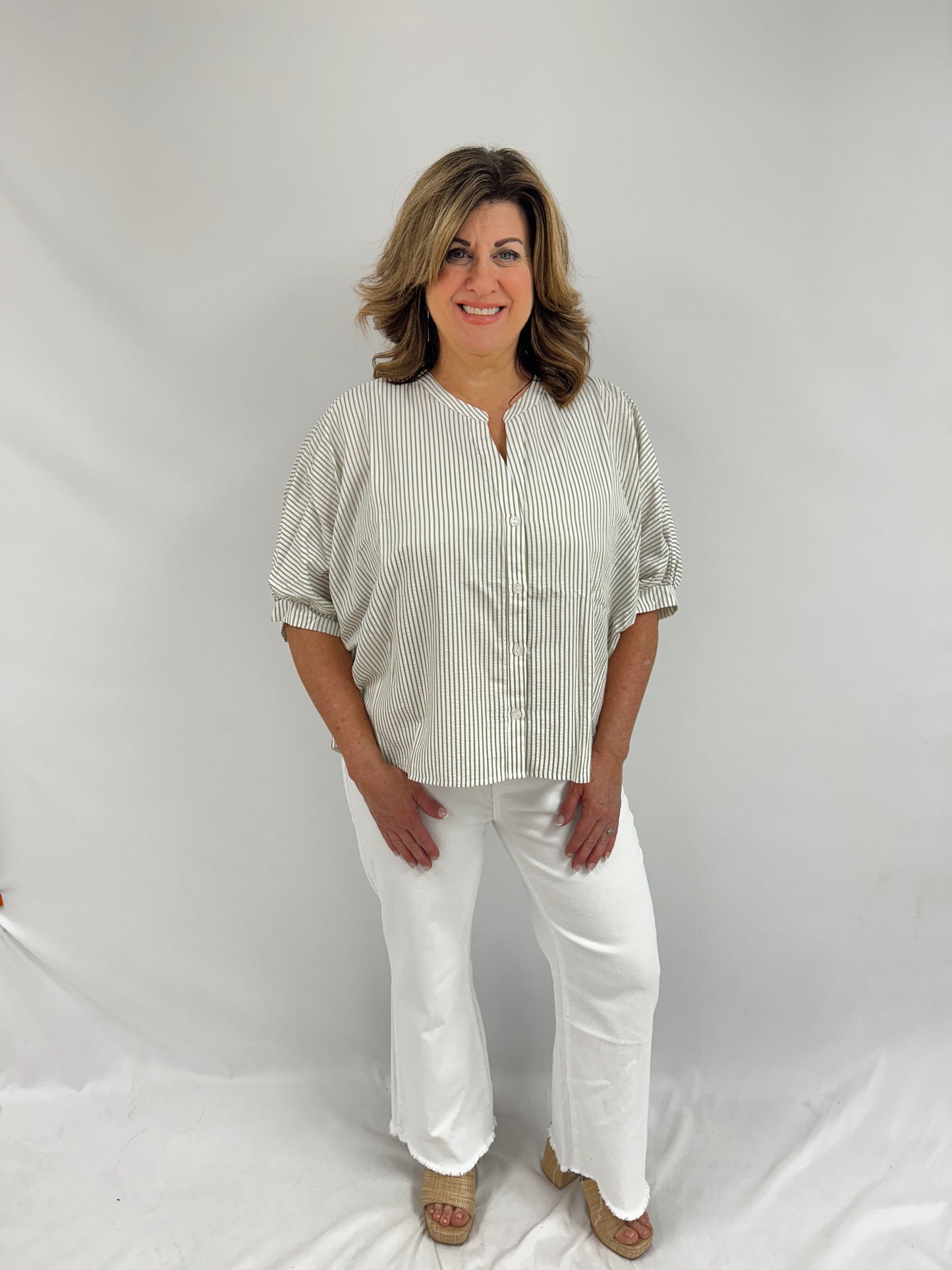 Bayside Seersucker Blouse - Sage Stripe