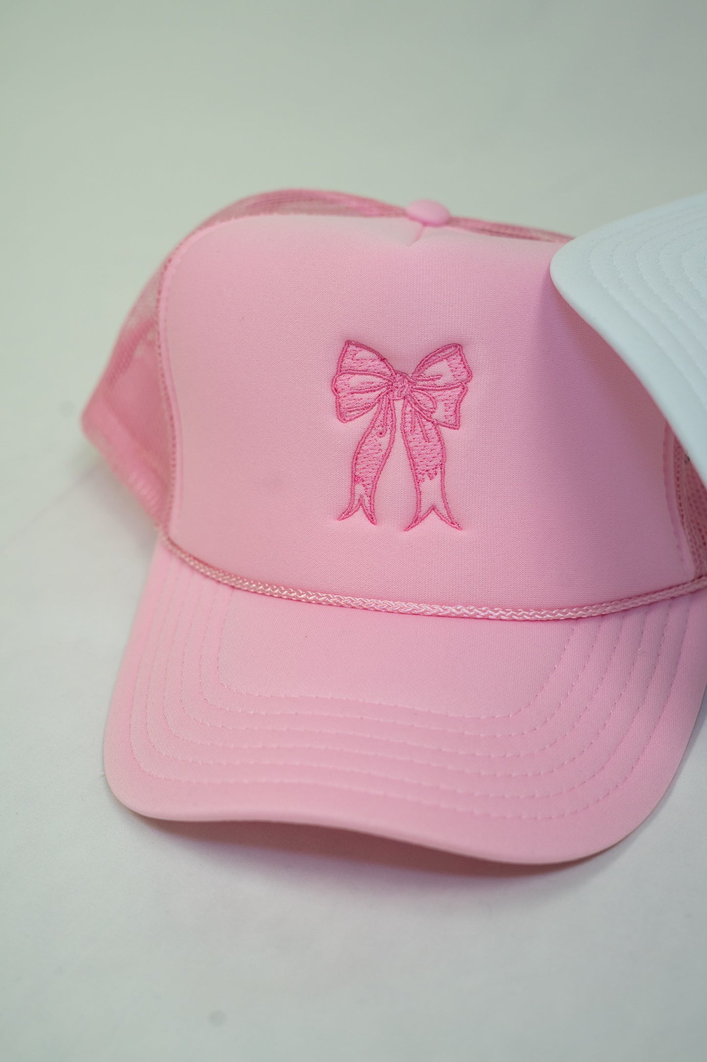 Bow Embroidery Trucker Hat - Double Pink