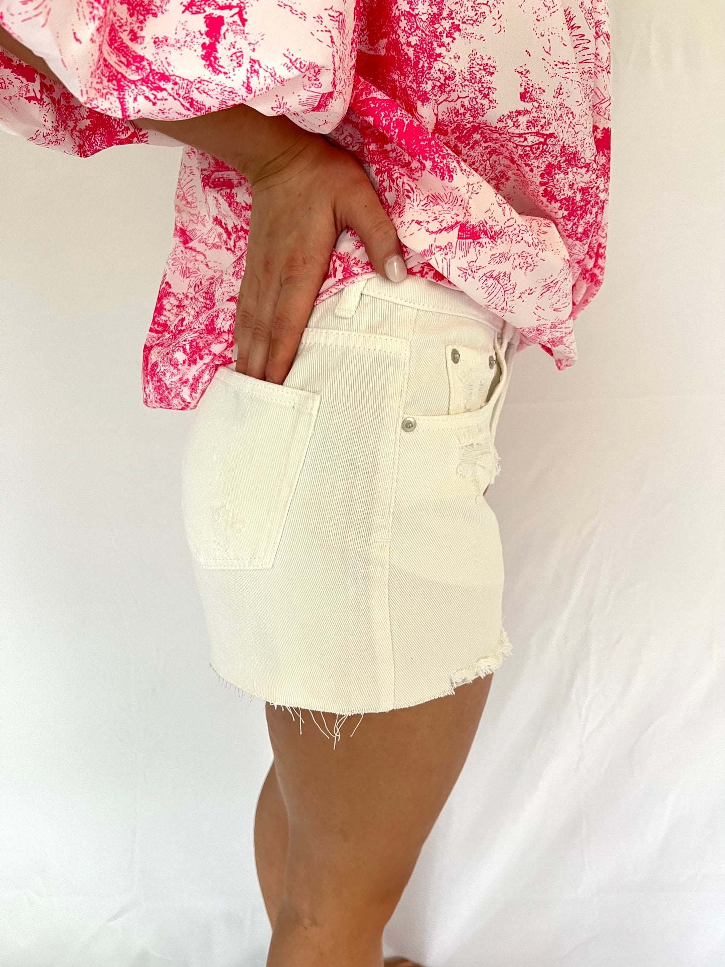 Daisy Distressed Denim Shorts - White