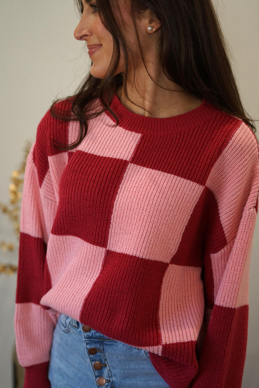 Matilda Crew Neck Checker Sweater - Pink and Red