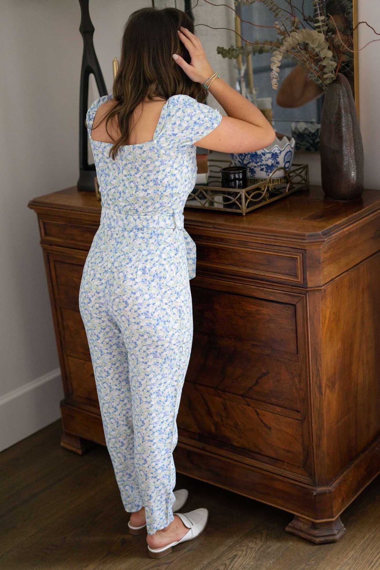 Emily Floral Print Belted Jumpsuit - Blue