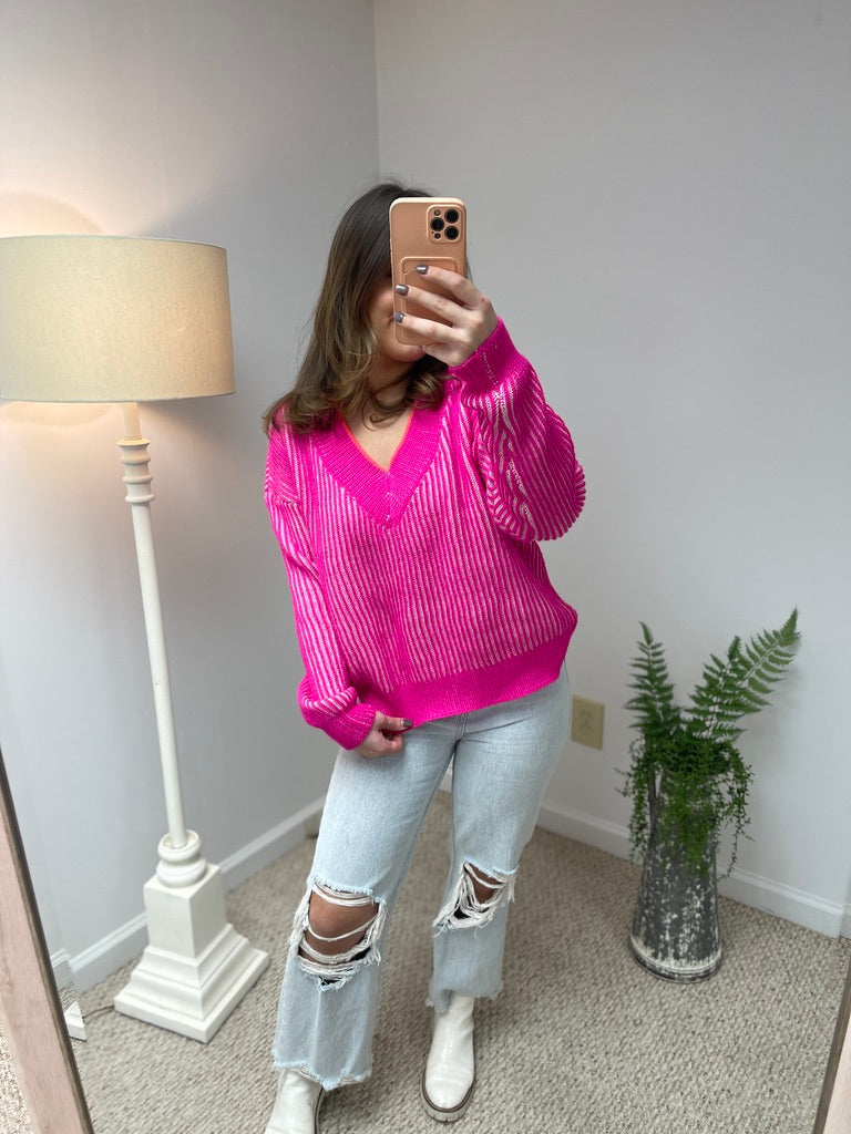 Jazzy Verticle Stripe Sweater - Bright Pink