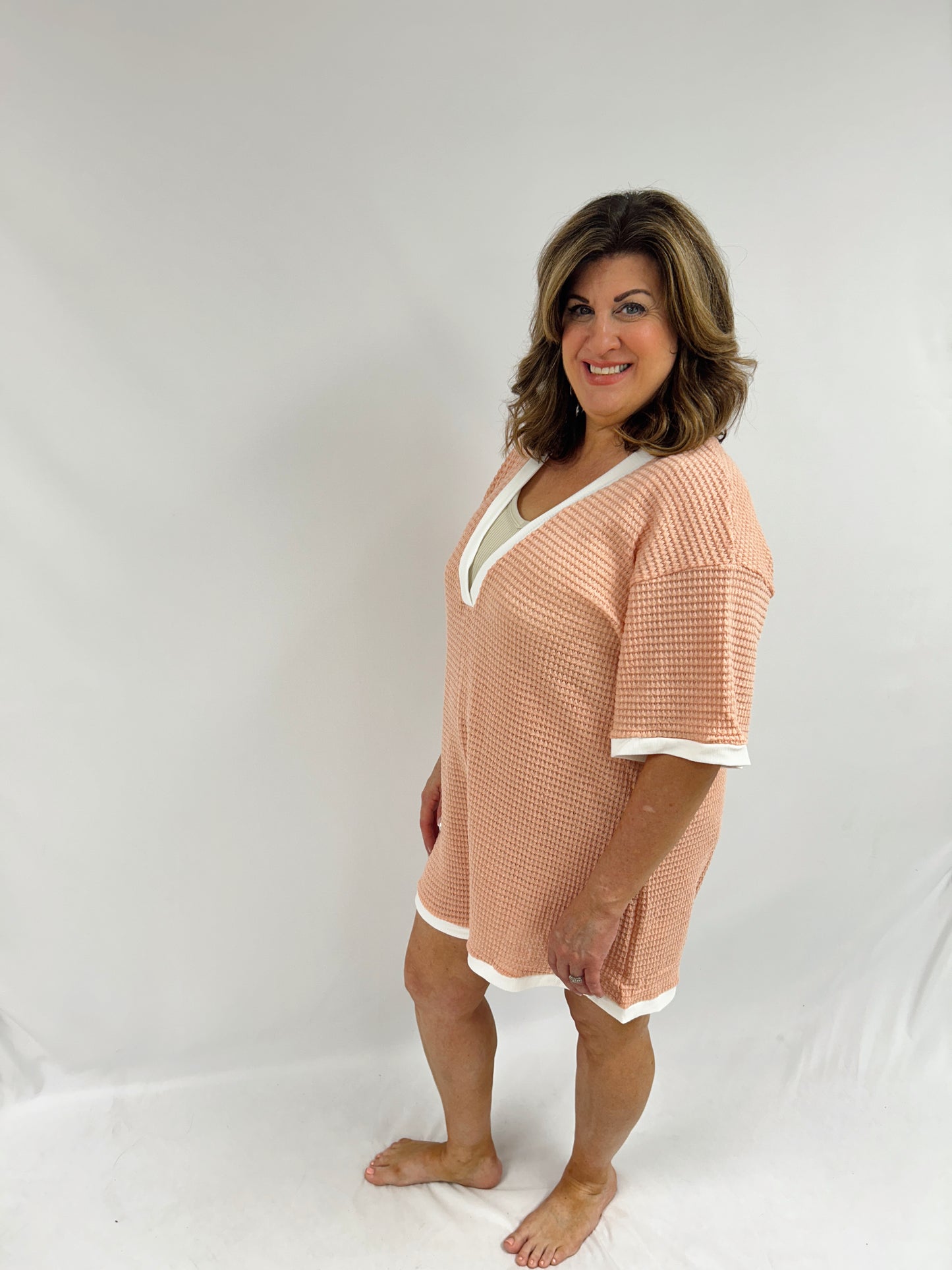 Cabana Waffle Knit Romper - Peach