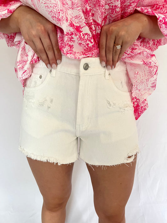 Daisy Distressed Denim Shorts - White