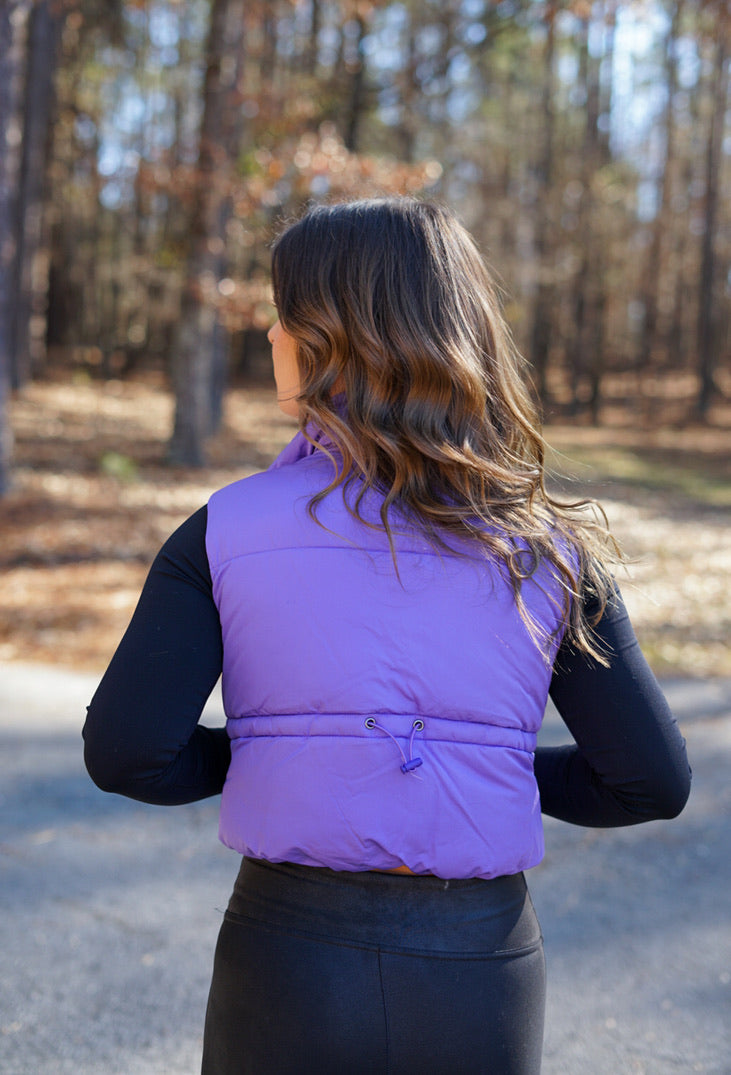 Cropped Zip Up Puffer Vest - Purple