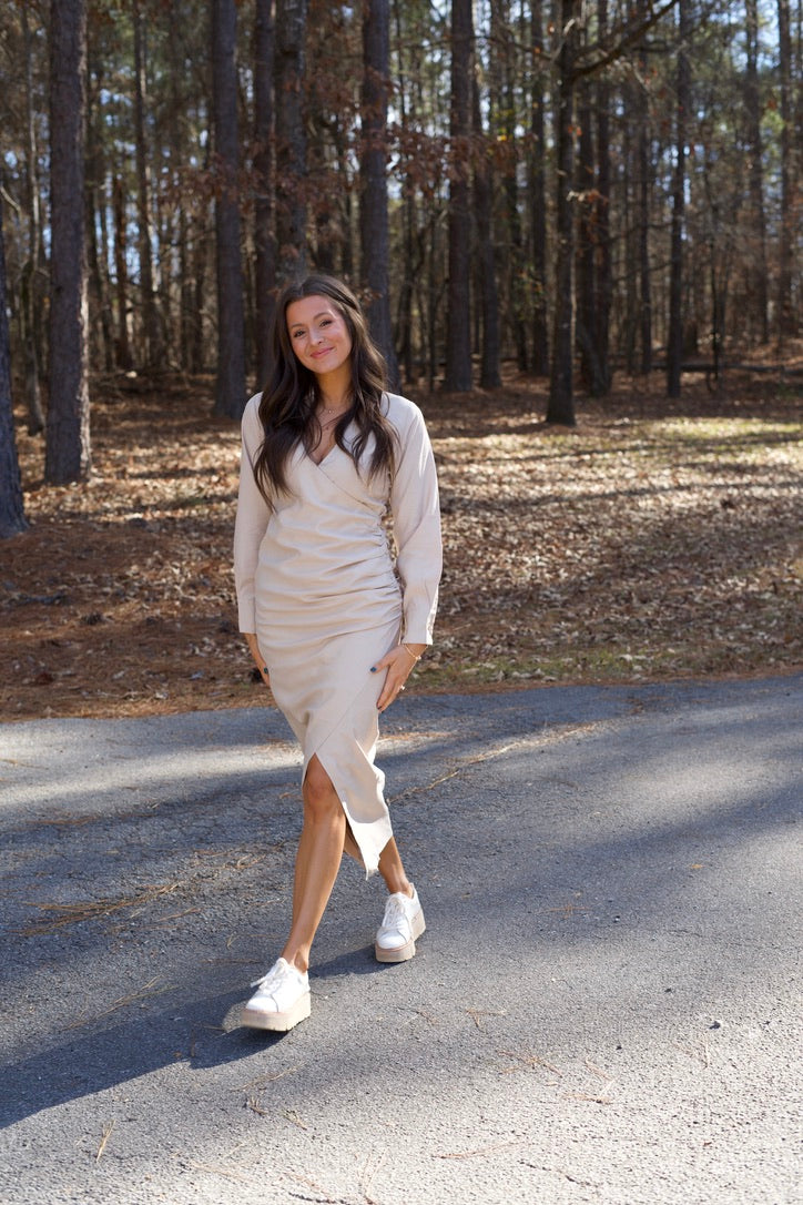 Delilah V-Neck Wrap Dress - Beige