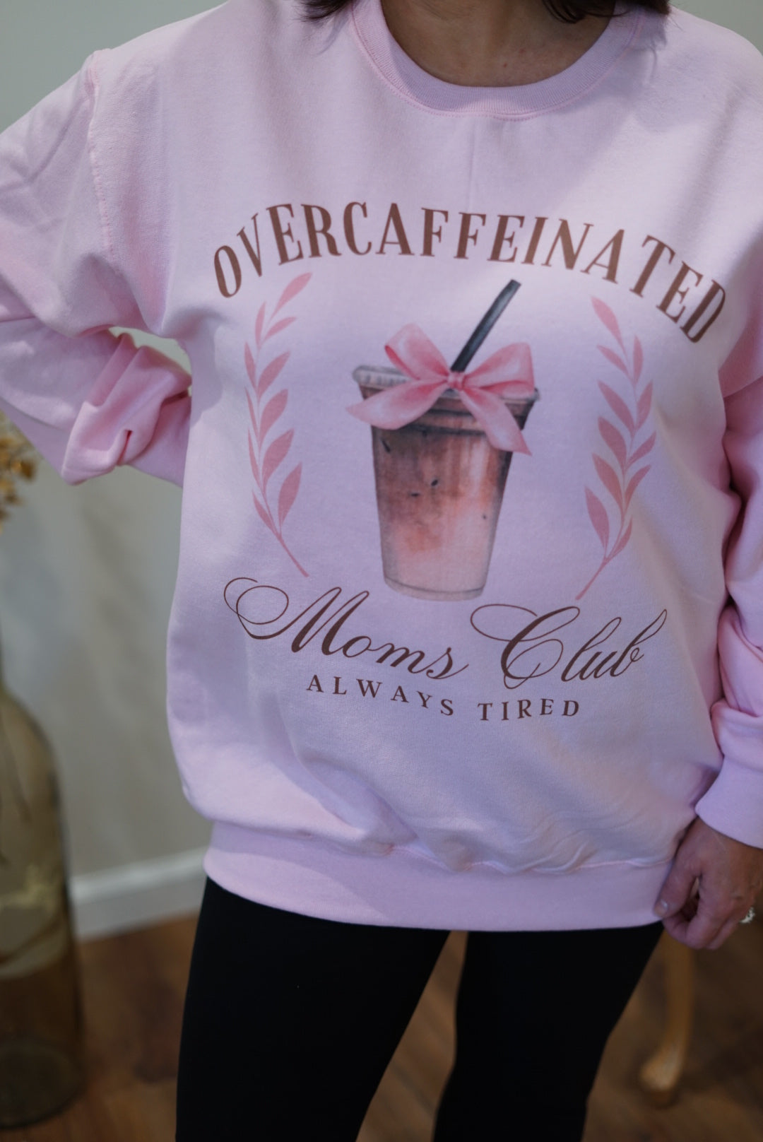 Over Caffeinated Moms Club Graphic Sweatshirt - Pink