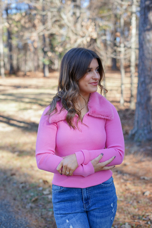 On Your Mind Fur Collar Sweater - Pink