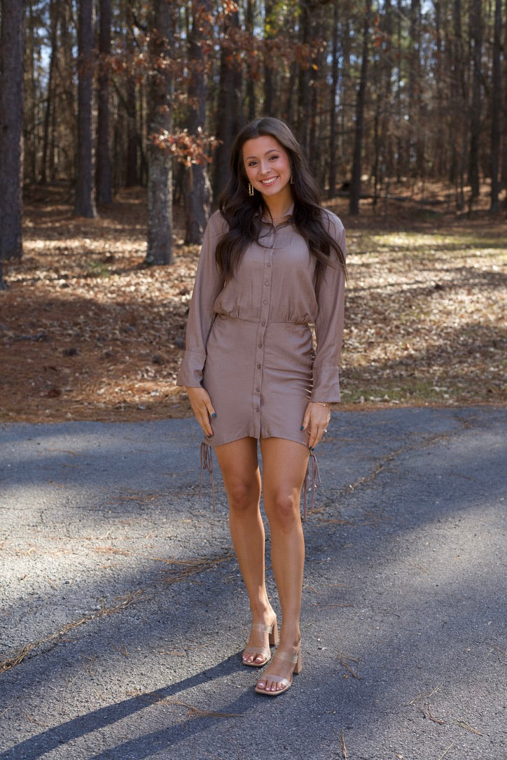 Ivy Ruched Button Shirt Dress - Brown