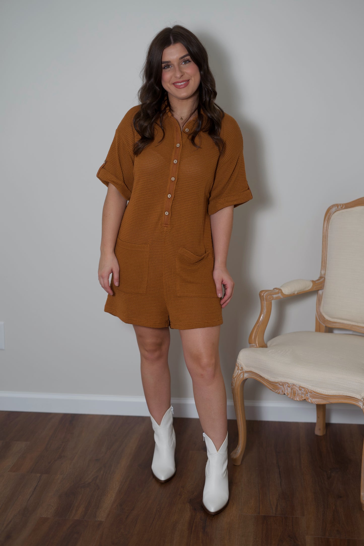 Amber Waffle Knit Button Down Romper - Tabacco