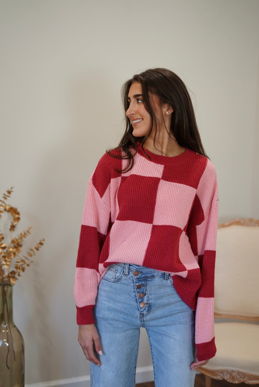 Matilda Crew Neck Checker Sweater - Pink and Red