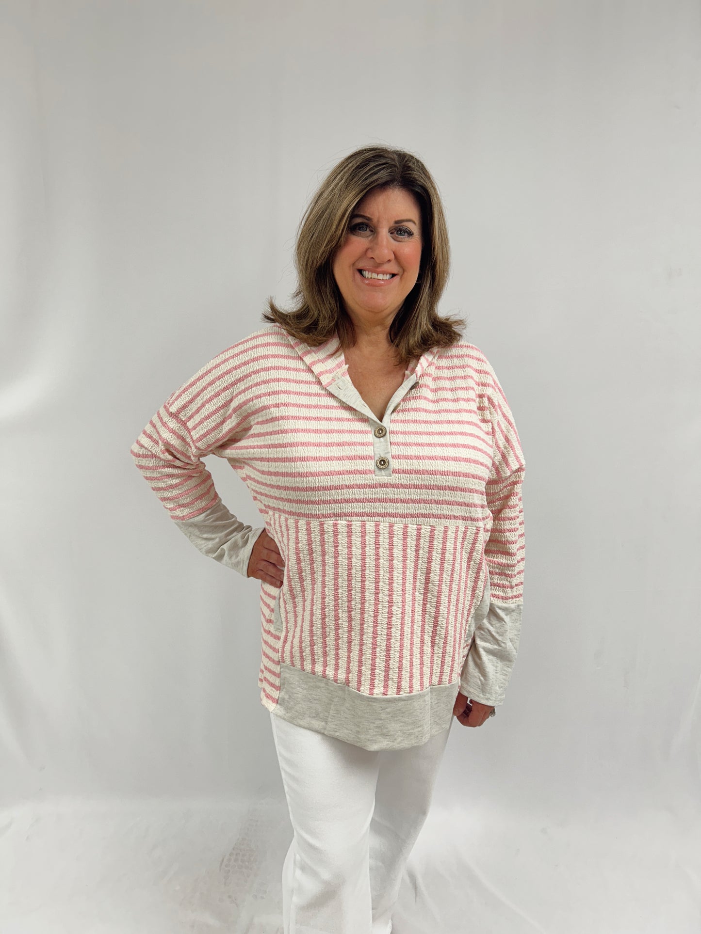 Priscilla Stripe Contrast Hoodie- Pink & Cream