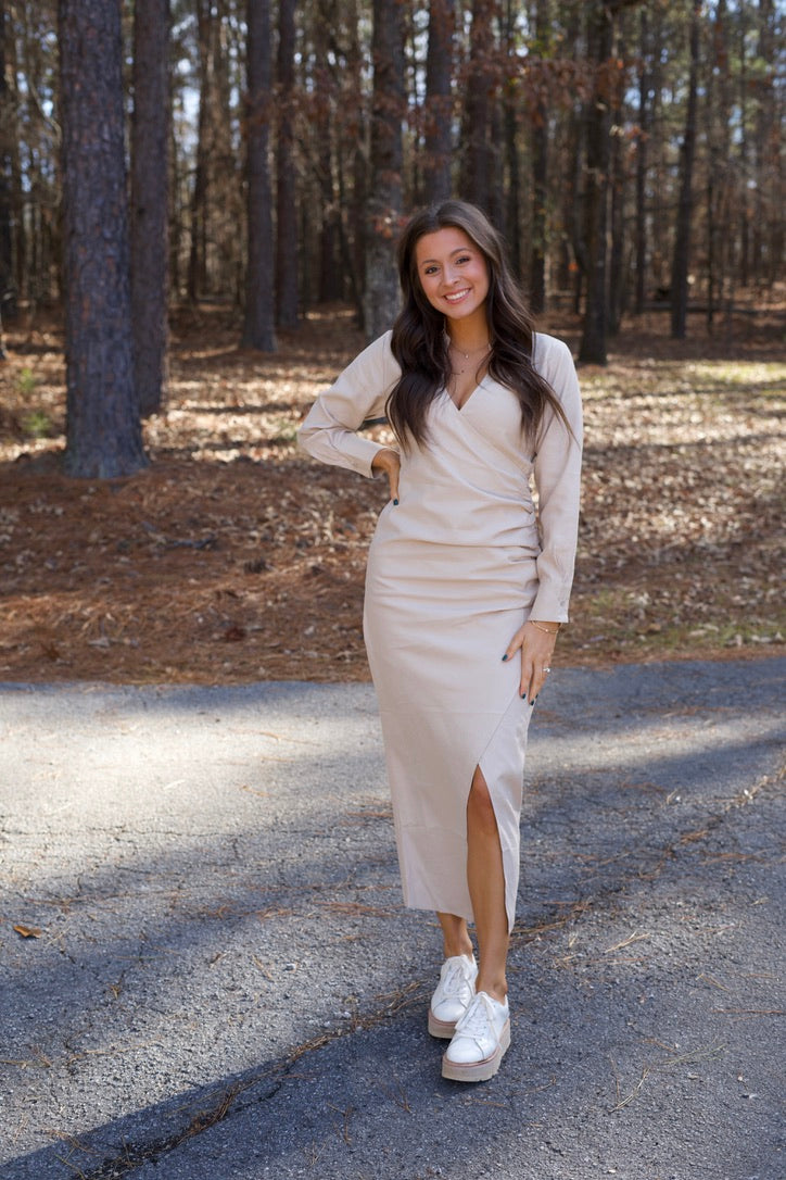 Delilah V-Neck Wrap Dress - Beige