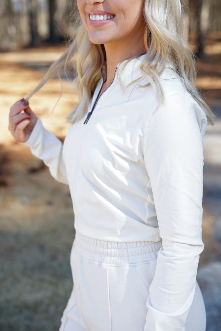 Walk It Out Half Zip Collared Top - Ivory