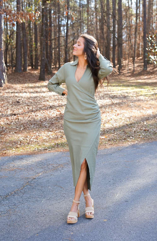 Delilah V-Neck Wrap Dress - Olive