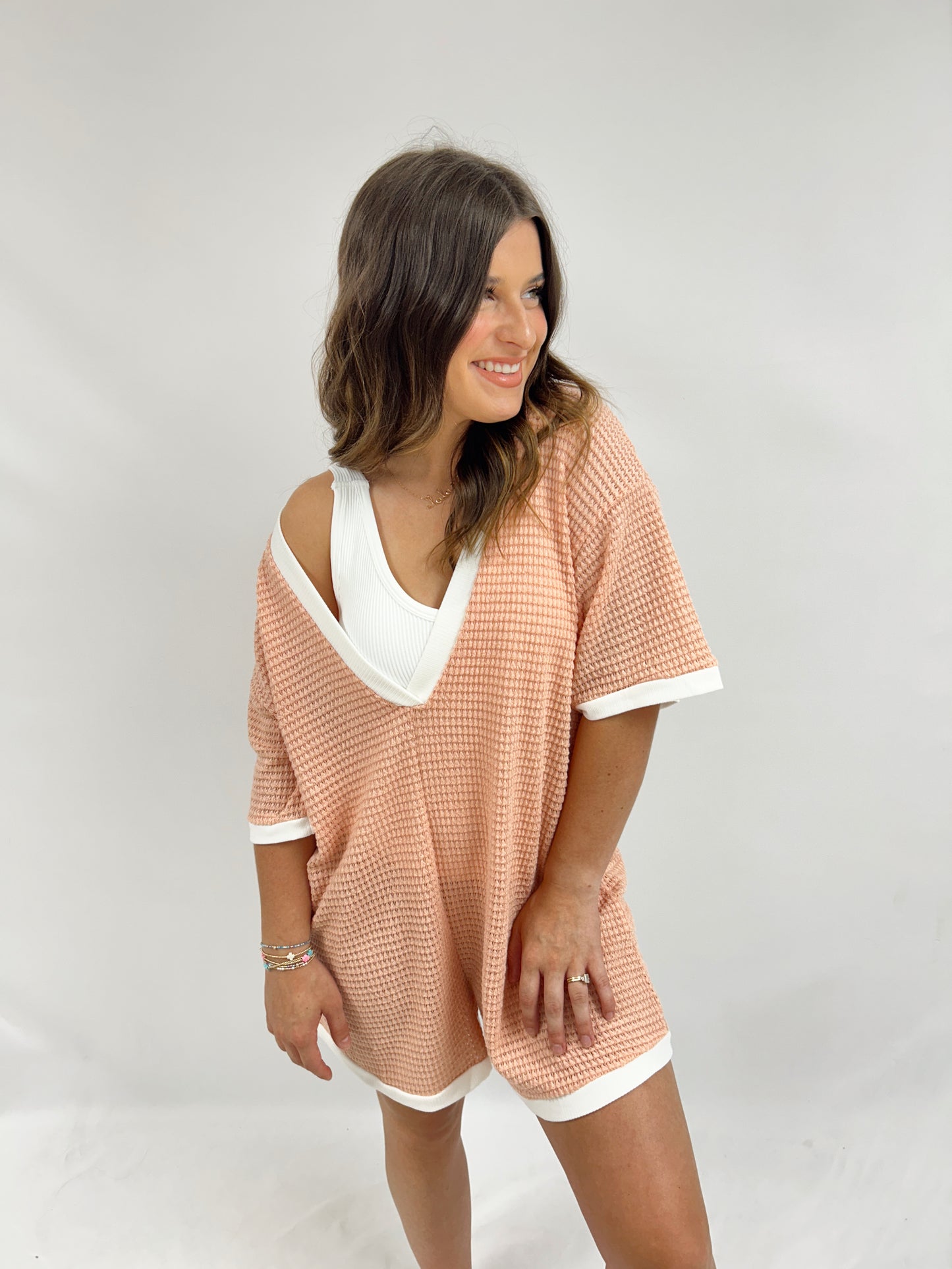 Cabana Waffle Knit Romper - Peach