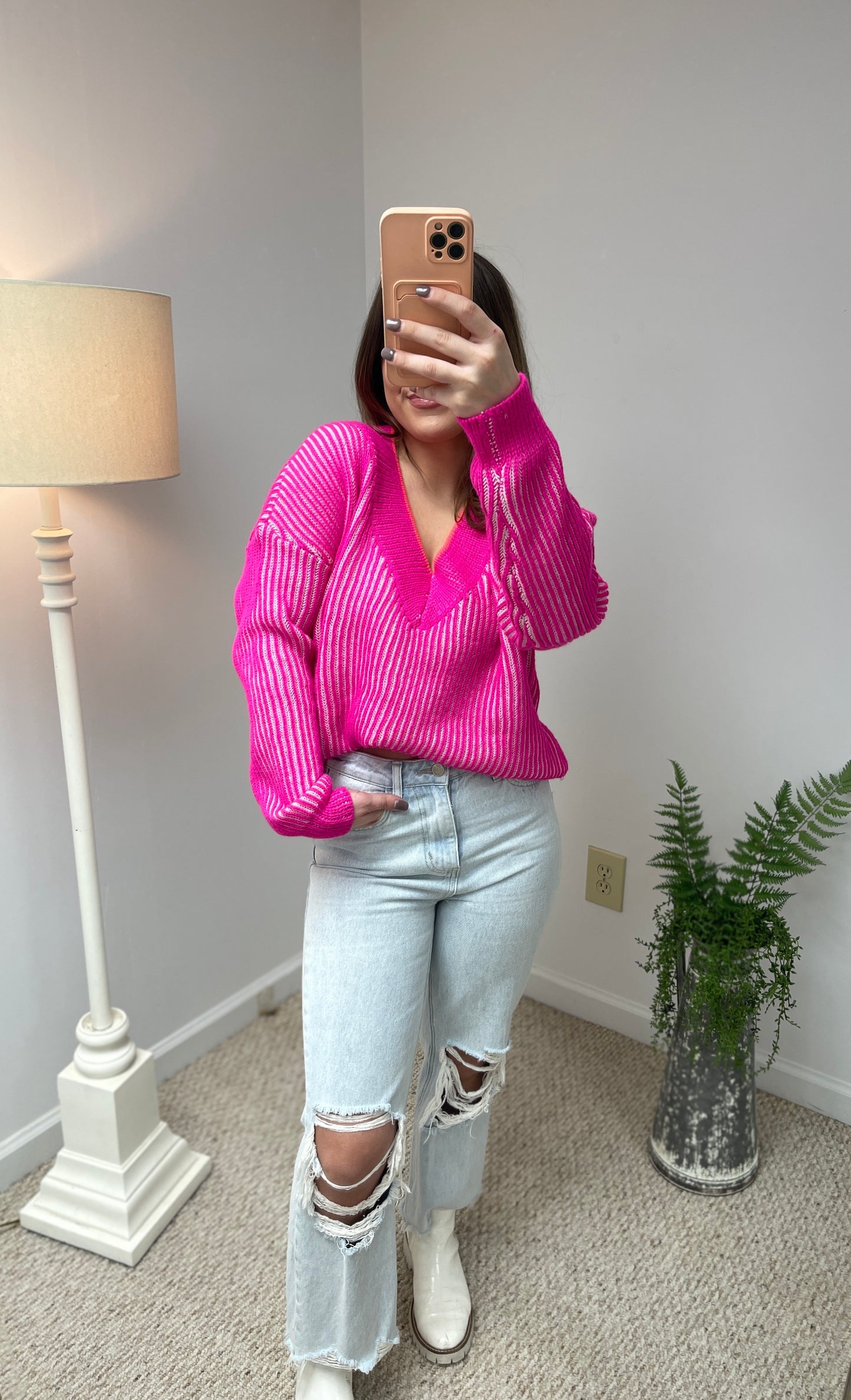 Jazzy Verticle Stripe Sweater - Bright Pink